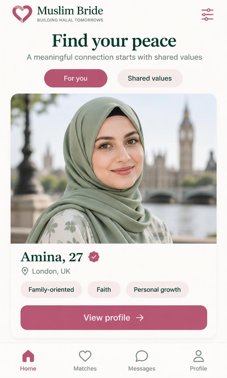 واجهة Muslim Bride لاكتشاف التوافق وشريك الحياة